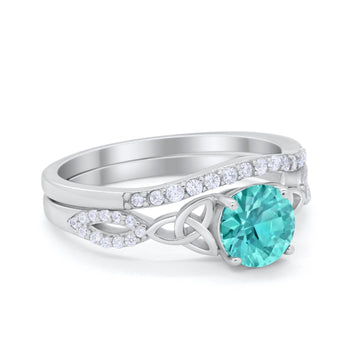 Celtic Wedding Ring Band Simulated Paraiba Tourmaline CZ 925 Sterling Silver